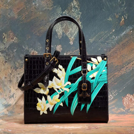Flower Printed Square Tote Handbag with Adjustable Handle and Zipper Closure