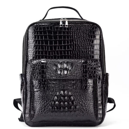 Black Faux Crocodile Leather Backpack with Silver Zipper