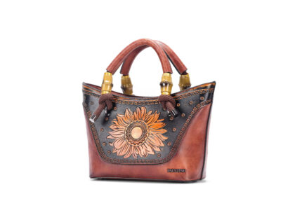 Sunflower Pattern PU Tote Bag with Bamboo Handles