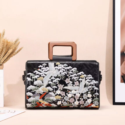 Embroidered Crane Handbag | Vintage Square Tote with Wood-Grain Handle | Artisan Crafted Everyday Bag for Women