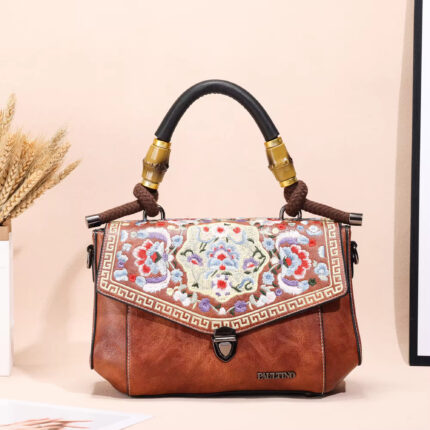 Embroidered Floral Handbag | Brown Bamboo-Handle Crossbody Bag with Geometric
