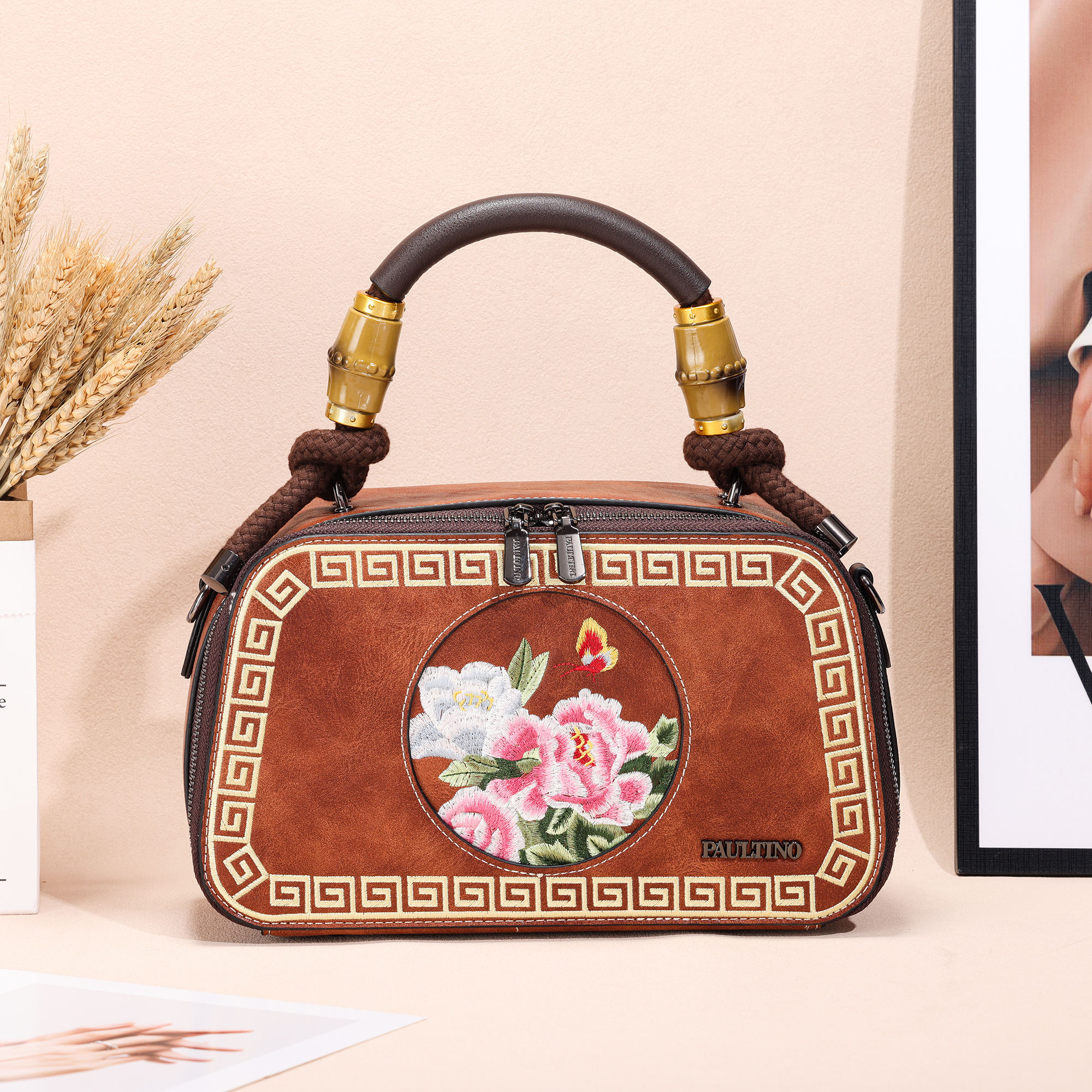 Light Brown Chinese Embroidery Thread Style Fashion Bamboo Joint Woven Tote Bag - Image 1