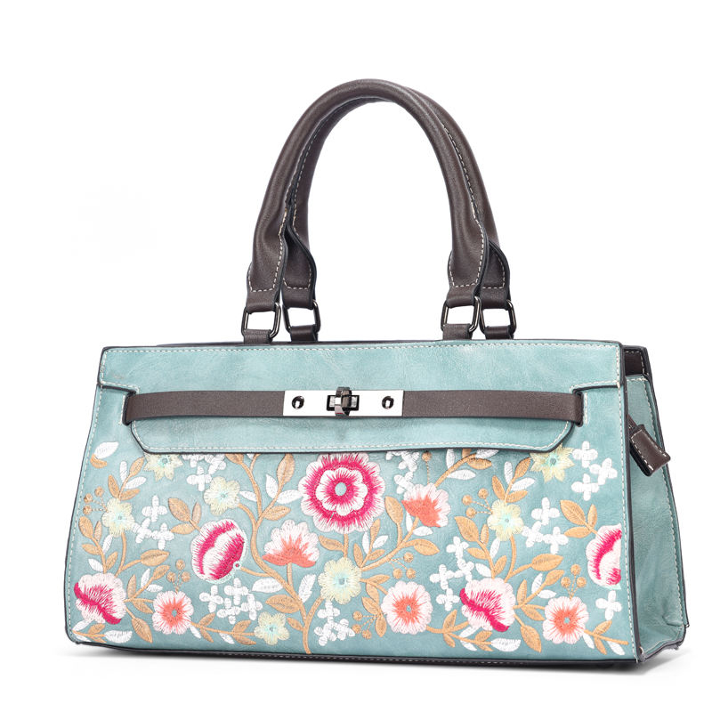 SKU-03-Sky Blue Ethnic Style Handbag with Ditsy Floral Embroidery - Image 1