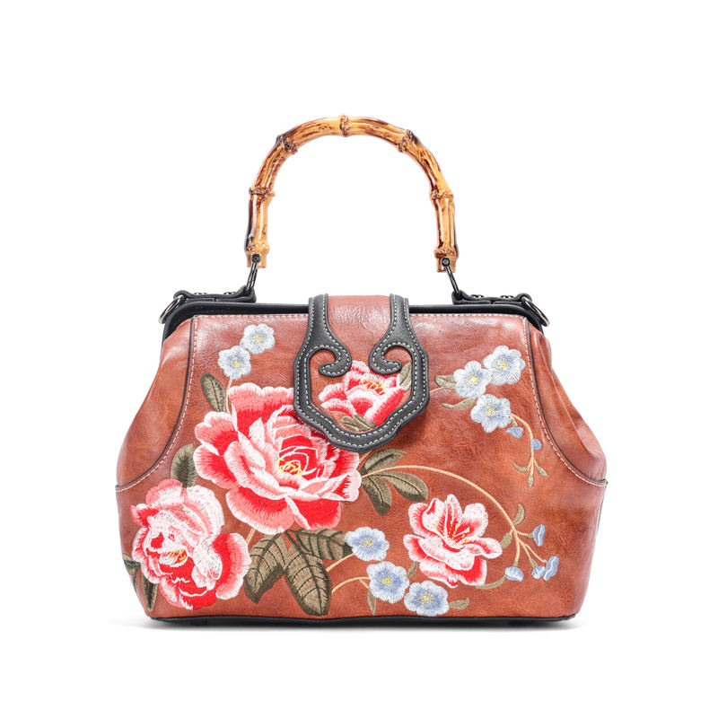 SKU-05-Light Brown Elegant Ladies' Fashion Peony Embroidery Bamboo Joint Tote Bag - Image 1